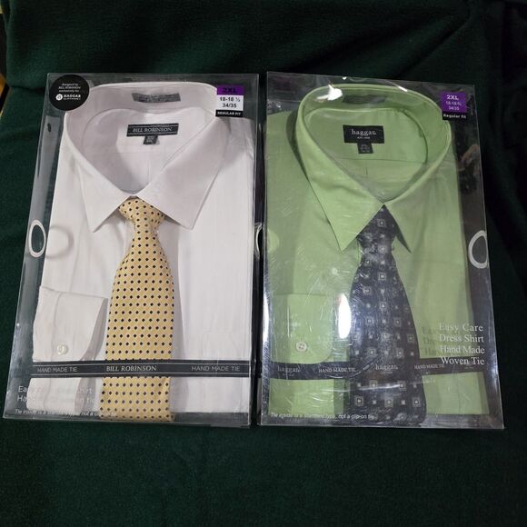 (2) Dress Shirt Tie Set Lot Mens 2XL White Green Collared Work Office New *READ - Picture 1 of 16